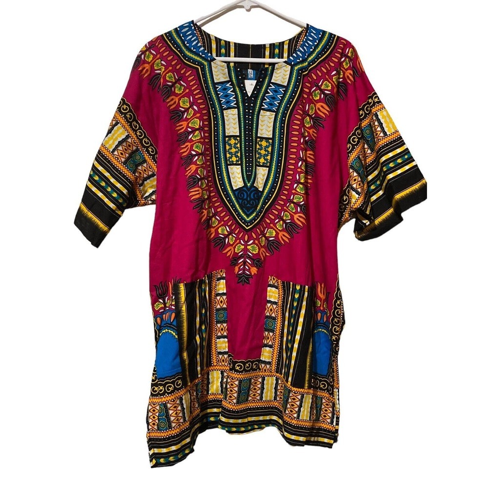 Colorful Tribal Patterned Tunic One Size Pink‎ Blue Yellow Black Green NWT